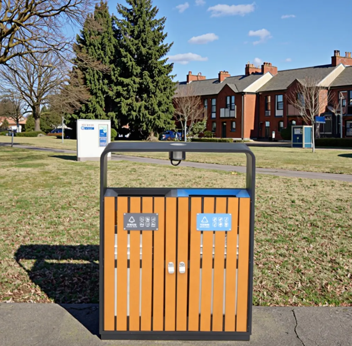Classified Recycling Outdoor Trash Can with 2 Compartments Steel and PS Plastic Wood Waste Bins for Public Storage