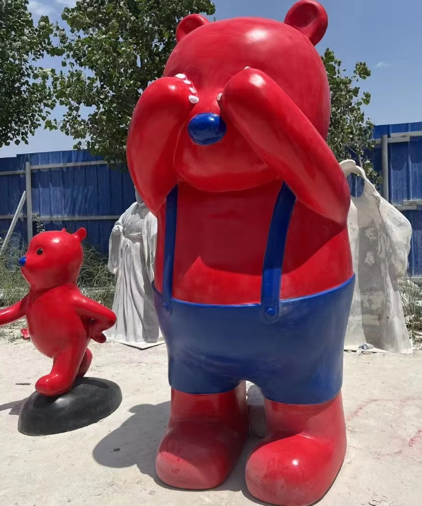 Indoor and Outdoor Fiberglass Garden Decor for Family Shopping Centers Cartoon Animal Statues Red Bear Sculptures