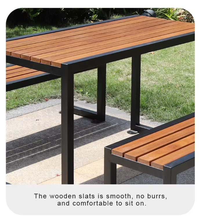 Modern Design Plastic Wood Patio Table Set with Metal Structure Outdoor Restaurant Garden Table and Chair for 6