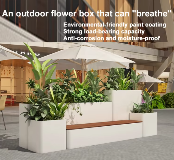 Custom Indoor/Outdoor Metal Flower Bench with Planters for Garden Entry Patio Park Gym Mall or Hospital Use