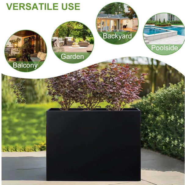 Black Modern Iron Rectangular Planter Box Black Metal Flower Pot for Floor and Shopping Mall Outdoor Use