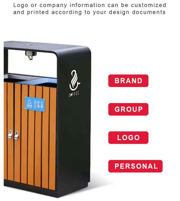 Classified Recycling Outdoor Trash Can with 2 Compartments Steel and PS Plastic Wood Waste Bins for Public Storage