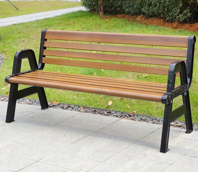 Modern Park Outdoor Bench Solid Wooden Patio Bench Metal Steel Courtyard Backrest Long Bench Outdoor Furniture Waterproof Seat