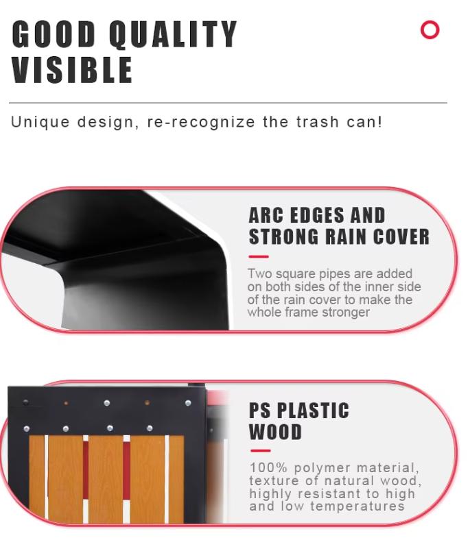 Classified Recycling Outdoor Trash Can with 2 Compartments Steel and PS Plastic Wood Waste Bins for Public Storage