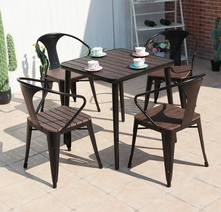 Commercial Cafe Table and Chair Aluminum Table Set Outdoor Plastic Rectangle Dining Tables for 4-6 Seats
