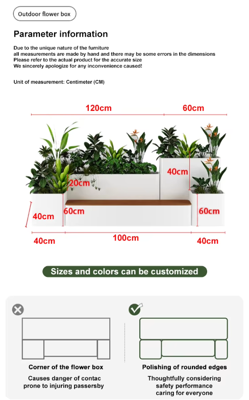 Custom Indoor/Outdoor Metal Flower Bench with Planters for Garden Entry Patio Park Gym Mall or Hospital Use