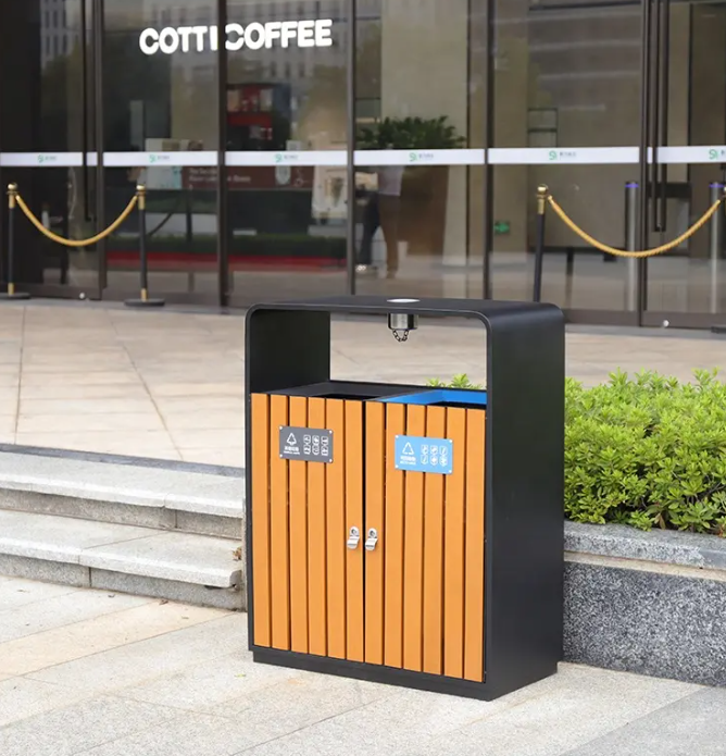 Classified Recycling Outdoor Trash Can with 2 Compartments Steel and PS Plastic Wood Waste Bins for Public Storage