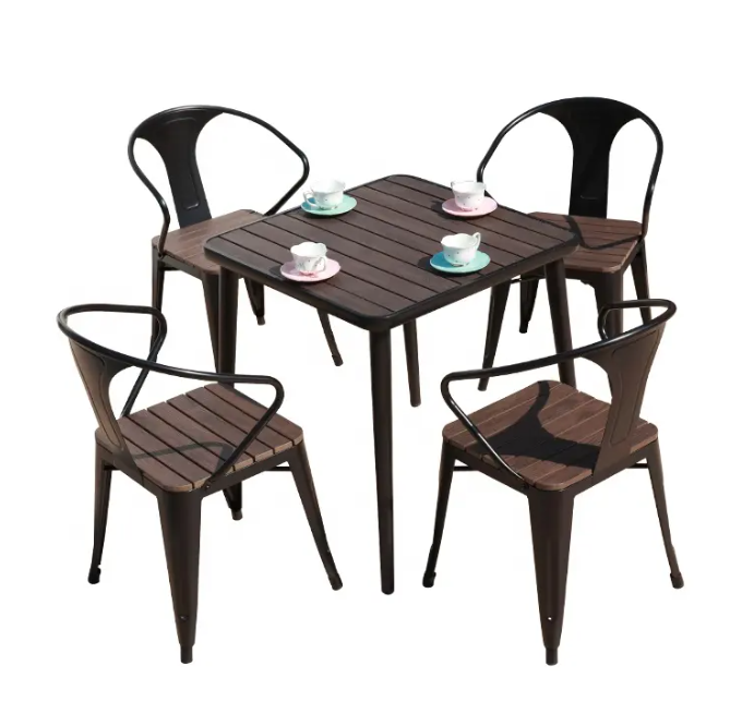 Commercial Cafe Table and Chair Aluminum Table Set Outdoor Plastic Rectangle Dining Tables for 4-6 Seats