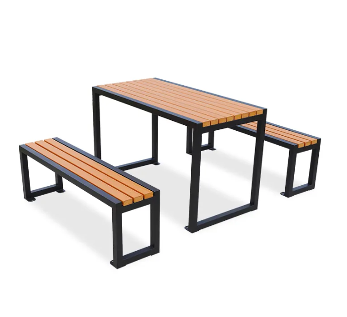 Modern Design Plastic Wood Patio Table Set with Metal Structure Outdoor Restaurant Garden Table and Chair for 6