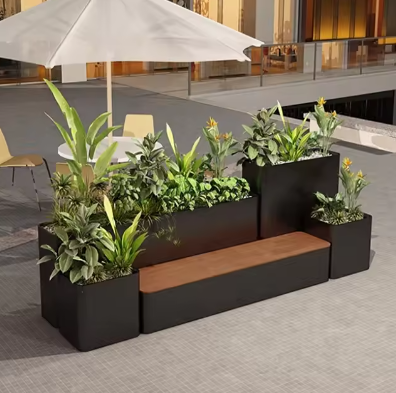Custom Indoor/Outdoor Metal Flower Bench with Planters for Garden Entry Patio Park Gym Mall or Hospital Use