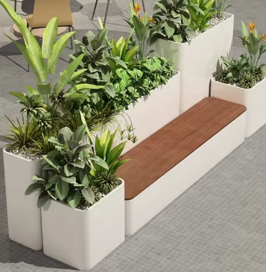 Custom Indoor/Outdoor Metal Flower Bench with Planters for Garden Entry Patio Park Gym Mall or Hospital Use