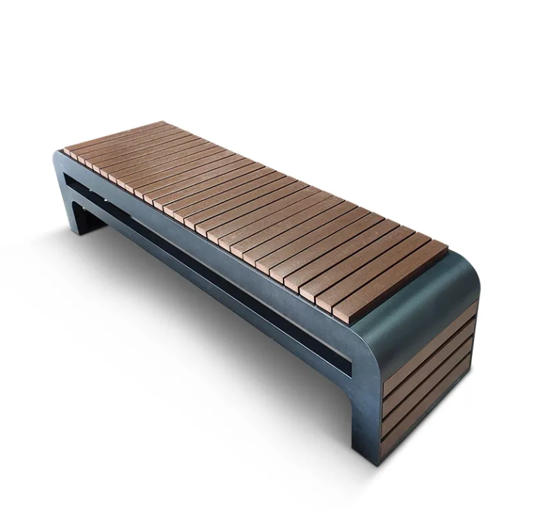Black Outdoor Public City Furniture Metal Waiting Seat Wooden Urban Bench for Parks and Plazas