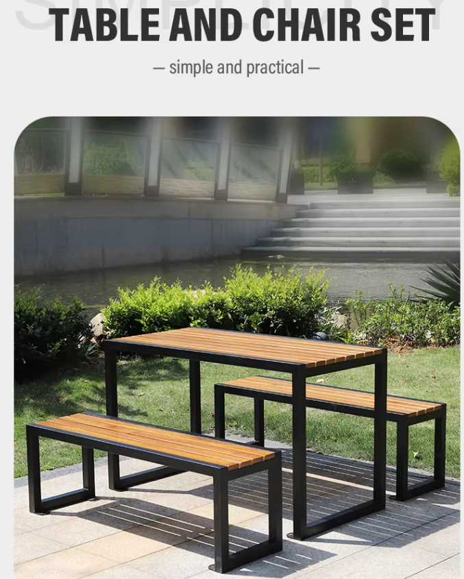 Modern Design Plastic Wood Patio Table Set with Metal Structure Outdoor Restaurant Garden Table and Chair for 6